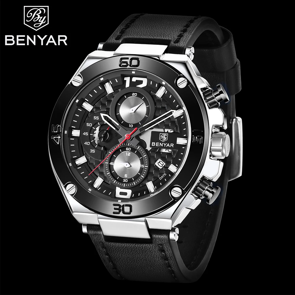 

BENYAR Top Luxury Brand Watch Men Analog Chronograph Quartz Wrist Watch leather Band Wristwatch Auto Date