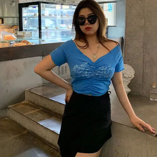 

Sexy V-neck short T-shirt summer women's fashion off shoulder letter casual T-shirt Korean Pullover T-shirt 2021 Harajuku
