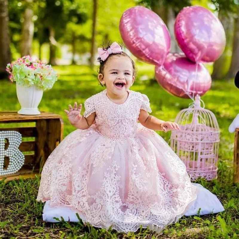 

Очаровательные розовые платья для девушек на день рождения, кружевные аппликационные платья на день рождения, кружевное Тюлевое платье с б...