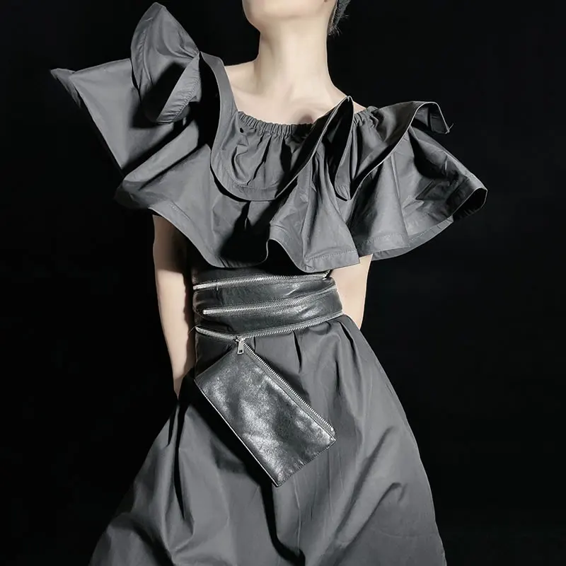 

XITAO Solid Black Dress Three-dimensional Flounced Edge Splicing Slash Collar Fashion Women 2021 Summer New Dress WMD2028