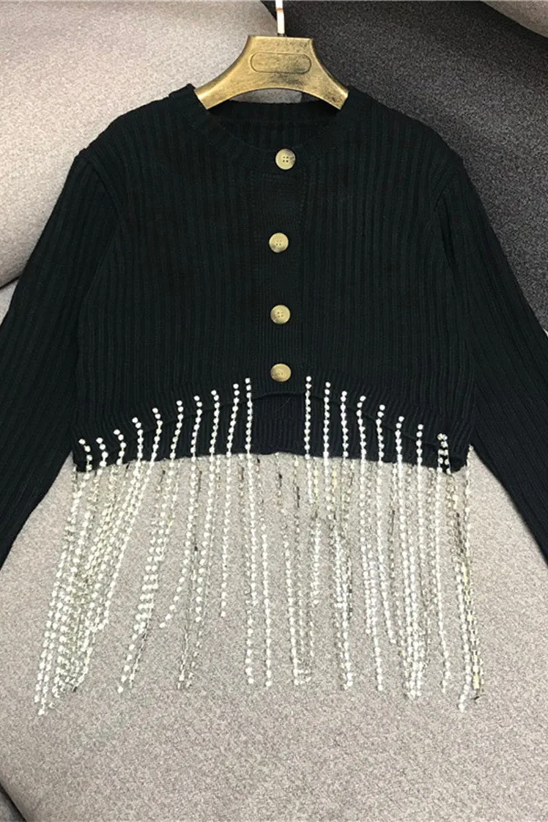 

High-End Custom Heavy Handmade Rhinestone Chain Fringe Cropped Knit Cardigan Jacket Women's Black Cardigan Woman