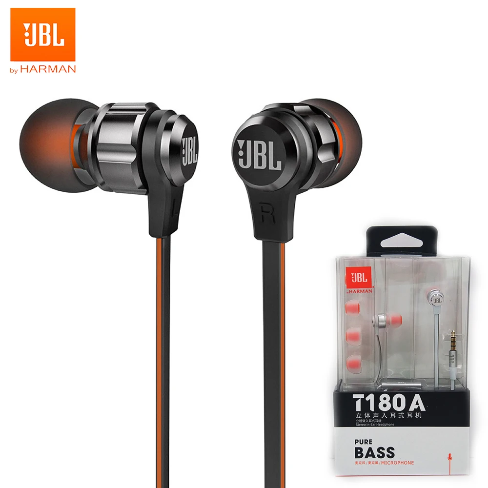 

JBL T180A Stereo In-Ear Earphone Running Sports Handsfree Calls with Mic 3.5mm Wired Earbuds Pure Deep Bass Game Music Headset