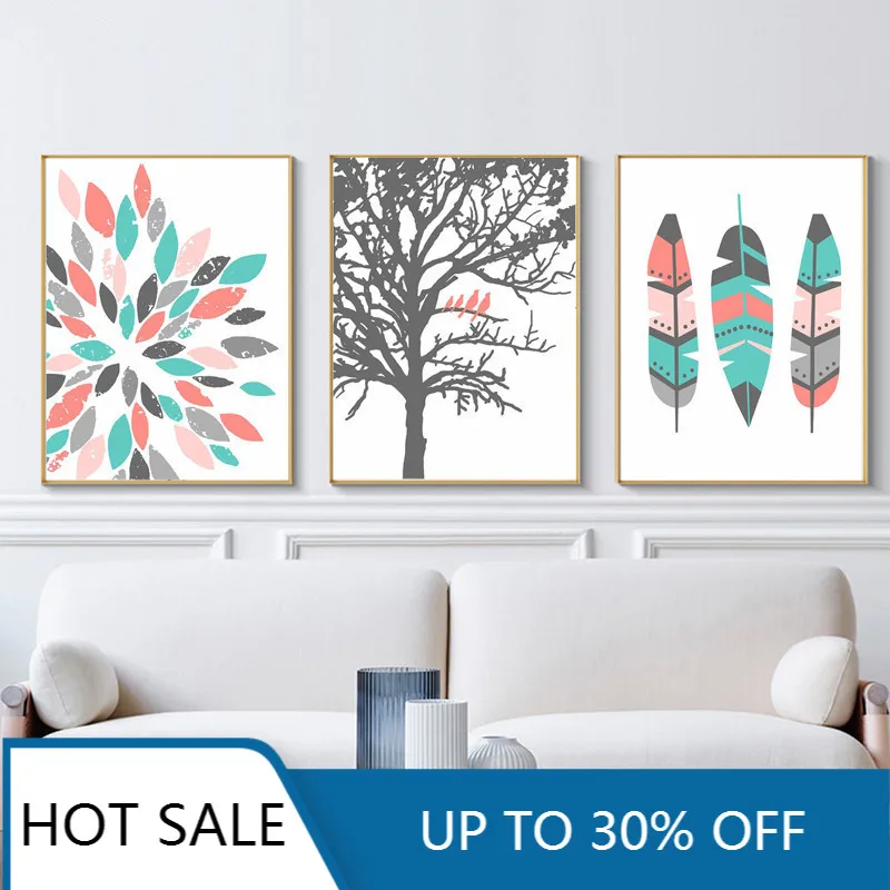 Постер с принтом перьев племенное настенное искусство холст картина Коралловая