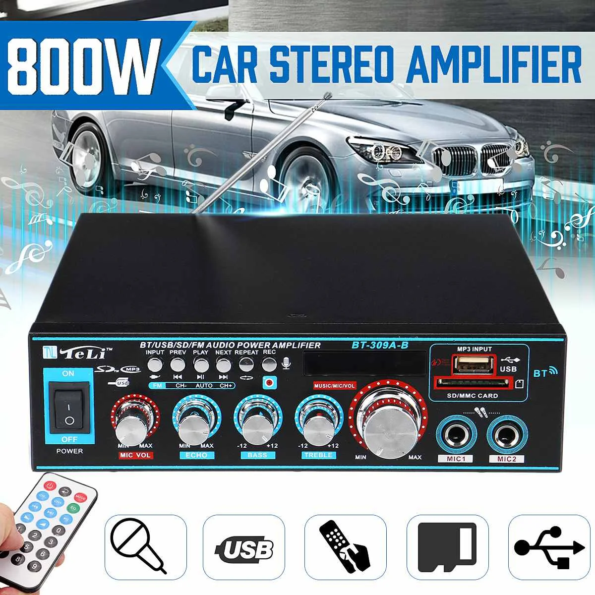 

800 Вт автомобильный усилитель/домашний Театр Мощность аудио усилитель HIFI Bluetooth Мощность цифровой для акустическая система ВЧ бас Управлени...