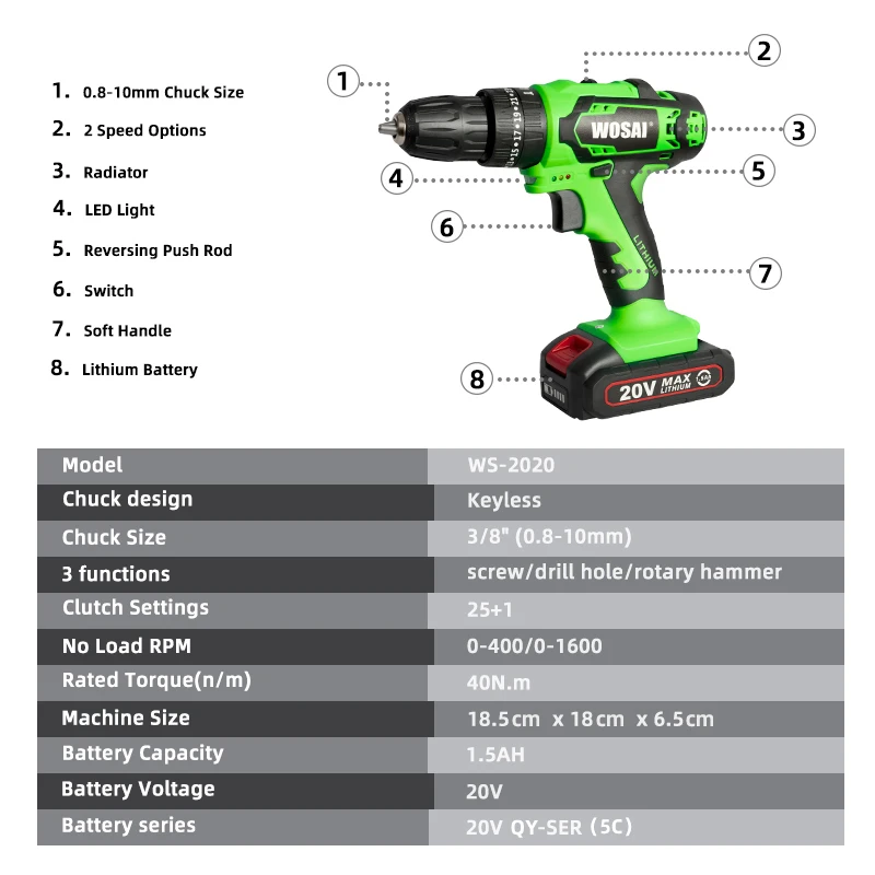 WOSAI New 20V Cordless Drill Driver Screwdriver Mini Wireless Power DC Lithium-Ion Battery 25+1 Settings Home DIY Keyless | Инструменты