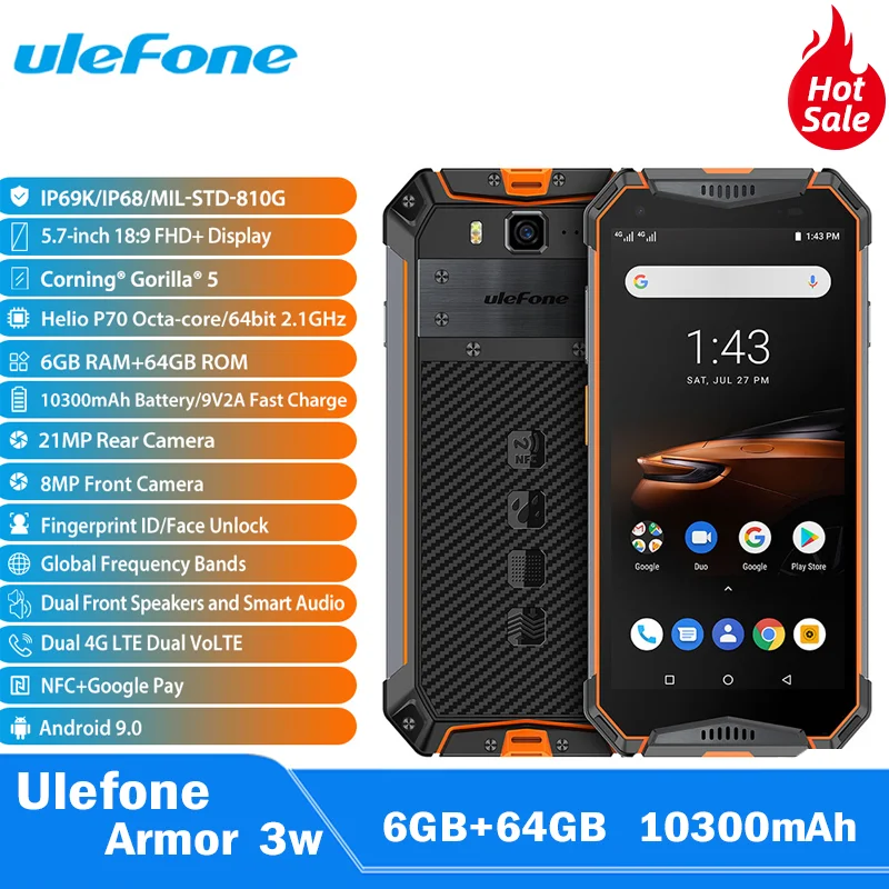 Смартфон Ulefone armor 3W защищенный 2 4 ГГц Android 9 0 6 + 64 ГБ NFC 4G LTE|Смартфоны| |