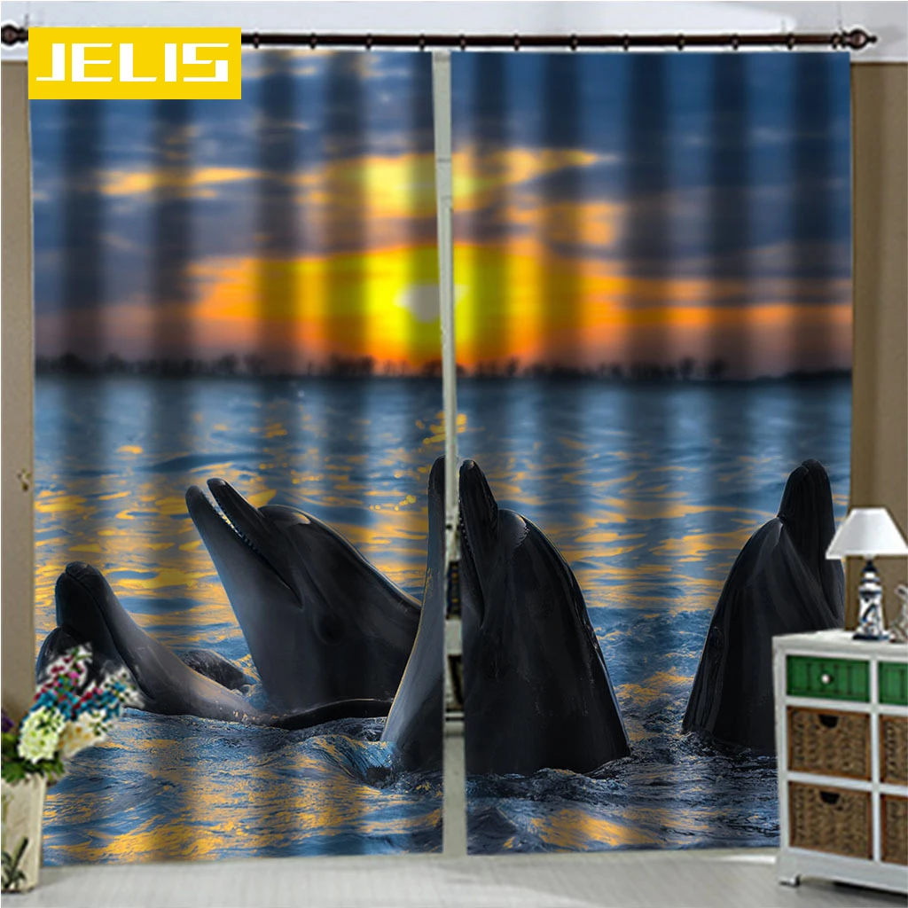 

Cute Dolphin Heat-proof Blackout Curtain for Living Room Bedroom Drapes Blind Window Treatments Backdrop Curtains Custom Made