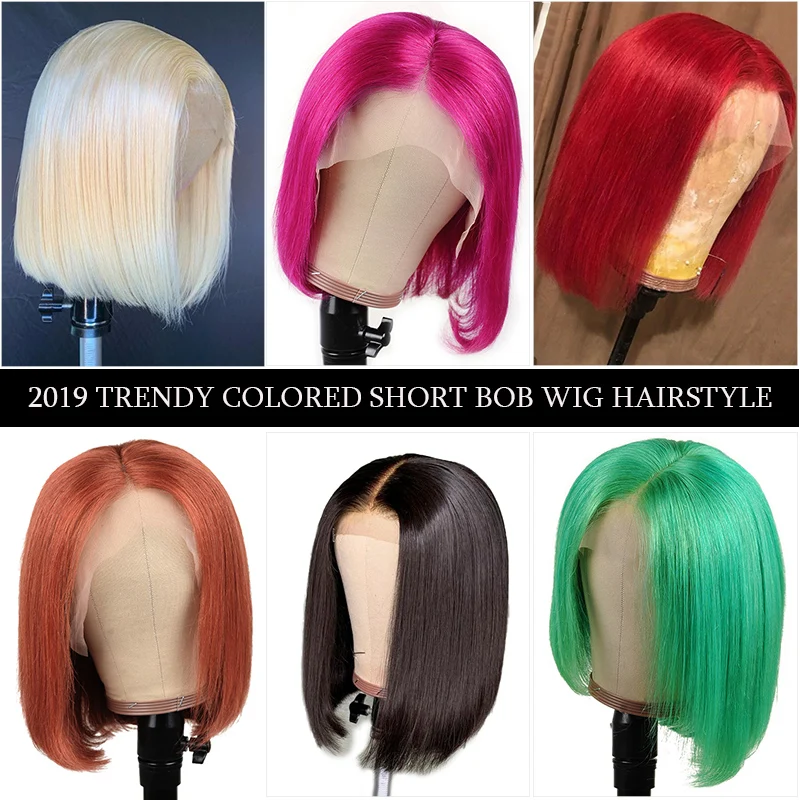 Красный зеленый прямой короткий боб парики человеческие волосы на кружеве 13х4