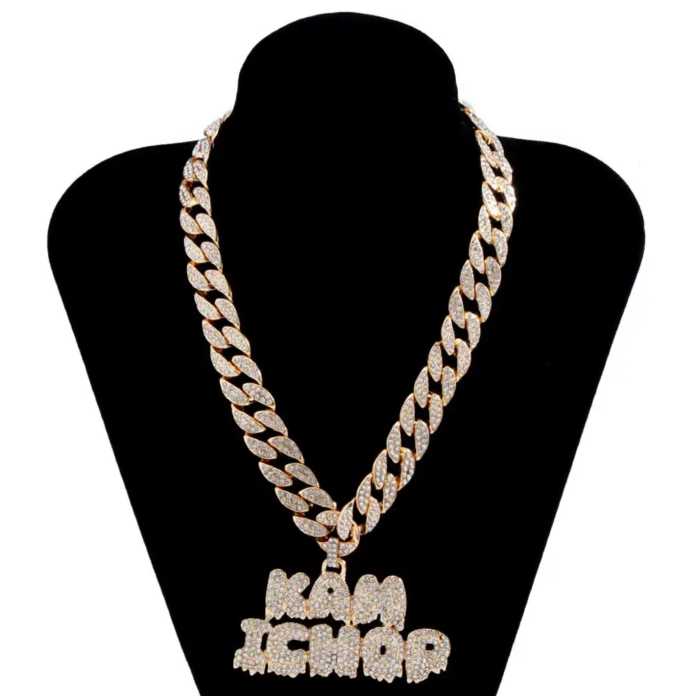 

IngeSight.Z Punk Hip Hop Full Iced Out Rhinestone Miami Curb Cuban Choker Necklace Shiny Crystal Letter Pendant Necklace Jewelry