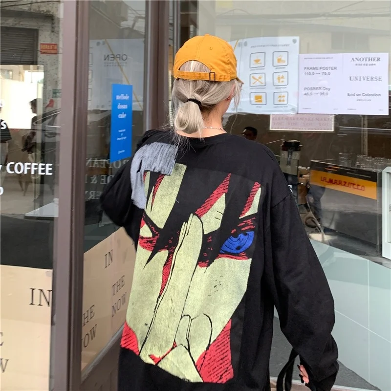 

WHOHOLL Man Women Couples Sweatshirt 2021 New Autumn Ins High Street Cartoon Black Print Top Loose Design Long Sleeve T-shirt