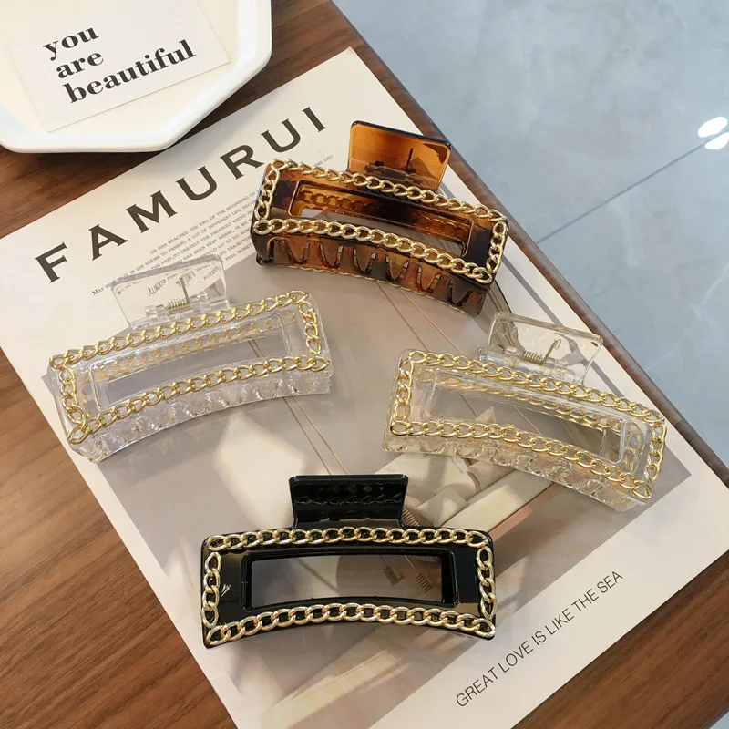 

Fashion Vintage New Large Size Chain Acetate Hair Claw Clip Ins Crab Rectangle Tortoise Shell Clamps for Women Hair Accessories