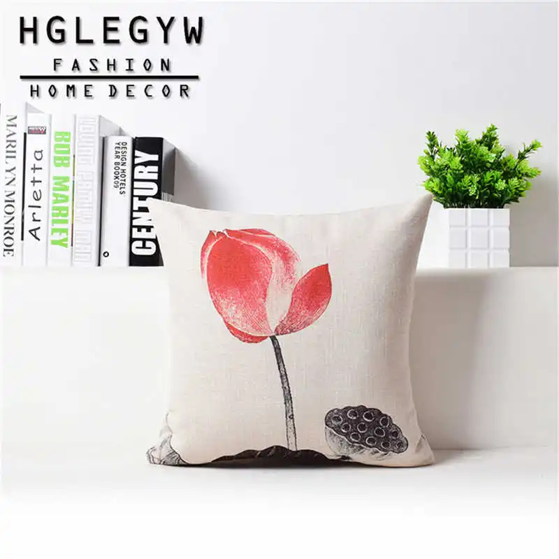 Chinese Style Ink Painting Lotus Sofa Home Decoration Cushion Cover Pillowcase Cotton Linen Printed 45*45 cm Pillow Covers | Дом и сад