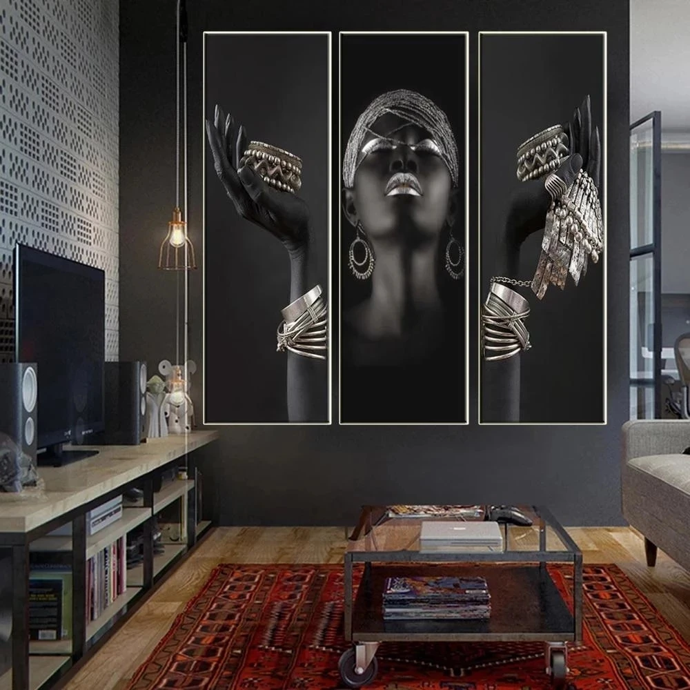 

African woman art poster and canvas painting, gold jewelry wall art prints for home bedroom decoration