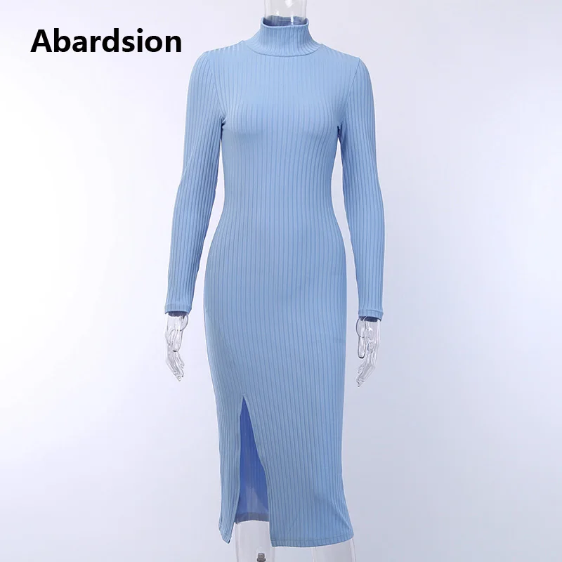 Abardsion женское трикотажное платье облегающее миди Vestidos длинный рукав водолазка