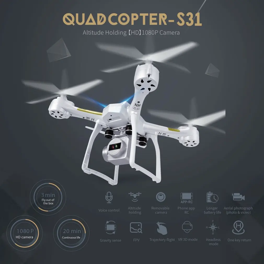 Квадрокоптер S31 с сенсорной панелью и мини-Дрон RC Дрон с 1080P Камера одной клавишей Return удержания высоты «Безголовый» Режим 6 оси гироскопа