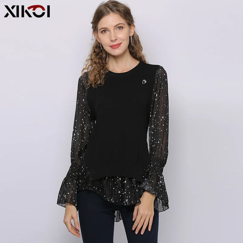 

XIKOI Fashion Women Chiffon Blouse 2021 Spring Long Sleeve Puff Blouse Ruffles Chiffon Shirt Stars Pattern Lady Blouse Plus Size