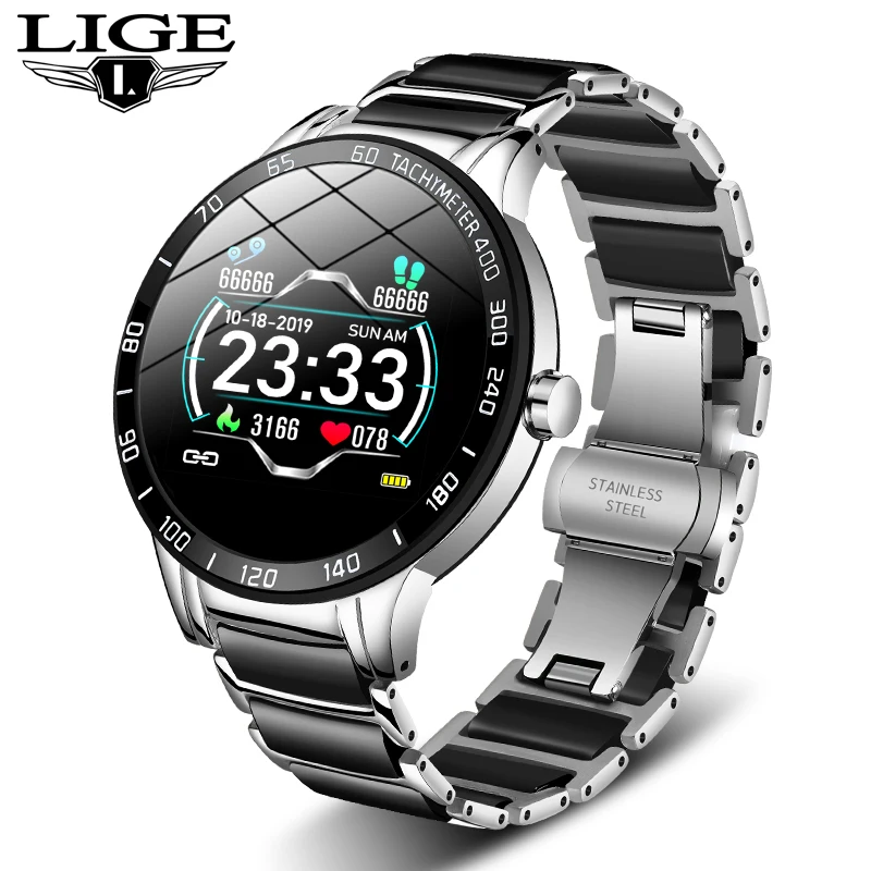 

Смарт-часы LIGE с керамическим ремешком для мужчин и женщин, водонепроницаемый спортивный браслет с пульсометром, фитнес-трекером, новинка 2020