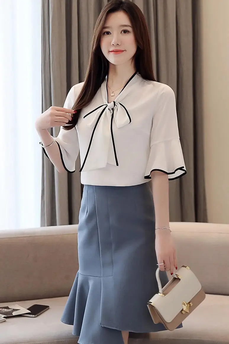 

COIGARSAM Ruffles blouse women New Summer Chiffon Bow Flare Sleeve Belt blusas womens tops and blouses White 9268
