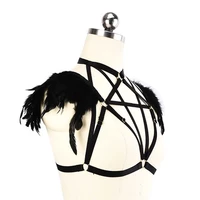 gothic black pentagram harness feather epaulettes shoulder strap cupless bondage rave bra chest cage costume accessorie