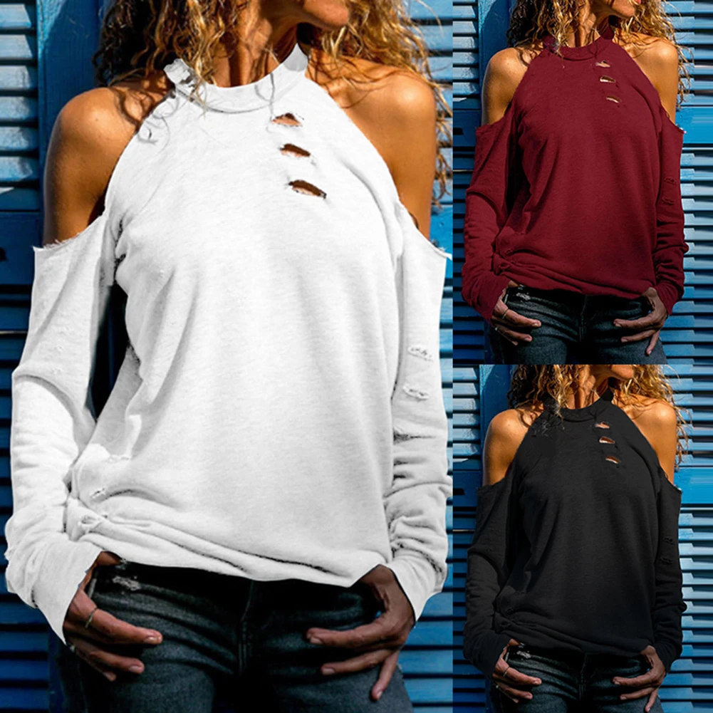 

Sexy Women Autumn Solid Color O Neck Pullover Cold Shoulder Ripped Holes Blouse