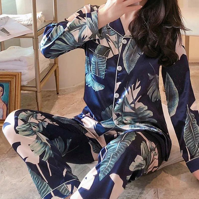 

Laamei 2021 Spring Silk Satin Pajamas Set Woman Print Long Sleeve Sleepwear Pijamas Suit Female Sleep 2pcs Loungewear Plus Size