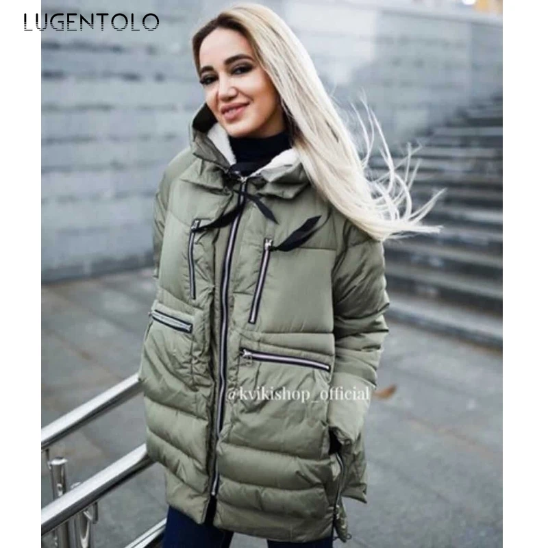 

Куртка Lugentolo женская, Толстая теплая, размера плюс свободного кроя, однотонная, на молнии, с карманами, с длинным рукавом, с капюшоном, зимняя