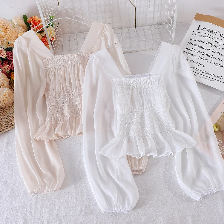 Женская Базовая рубашка с рукавами фонариками и квадратным воротником