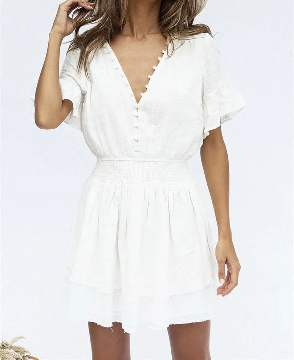 2019 сексуальное Белое платье женское с завышенной талией одноцветное глубоким