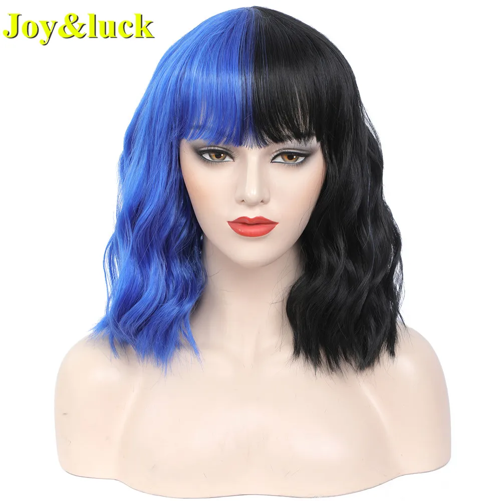 

Synthetic Wavy Blue And Black Cosplay Wig Short Natural Water Wave Cos With Bangs Hair Wigs For White Women Party Or Holiday Use