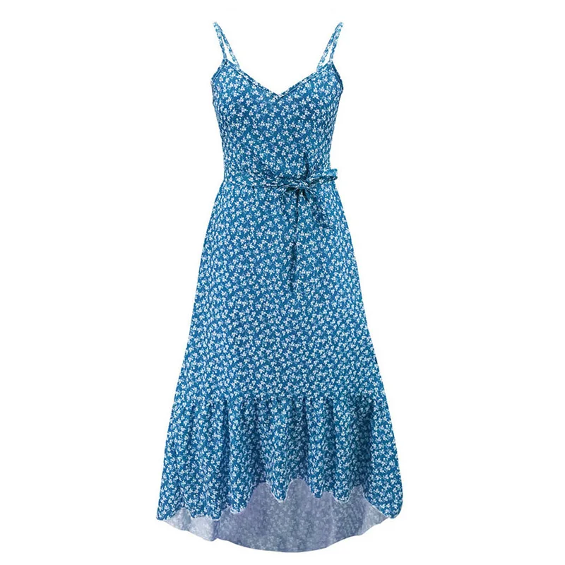 

Summer Women Printed Flower Chic Ruffles Dress Ladies Sexy V Neck Spaghetti Strap Bandage Casual Slim Holiday Boho Dress SJ6628M