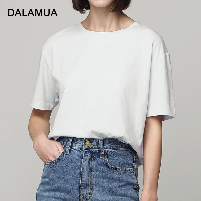 

Футболка женская хлопковая с коротким рукавом, однотонная Повседневная Свободная Базовая Модная рубашка с круглым вырезом для офиса, лето ...