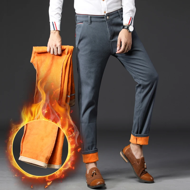 Мужские повседневные брюки с флисовой подкладкой темно-синие однотонные