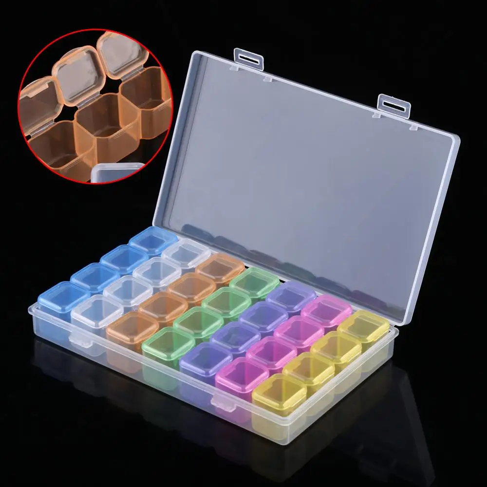 

28 Grids Compartments Storage Box Empty Plastic Clear Pillbox Nail Art Rhinestone Jewelry Bead Display Case Organizer Container