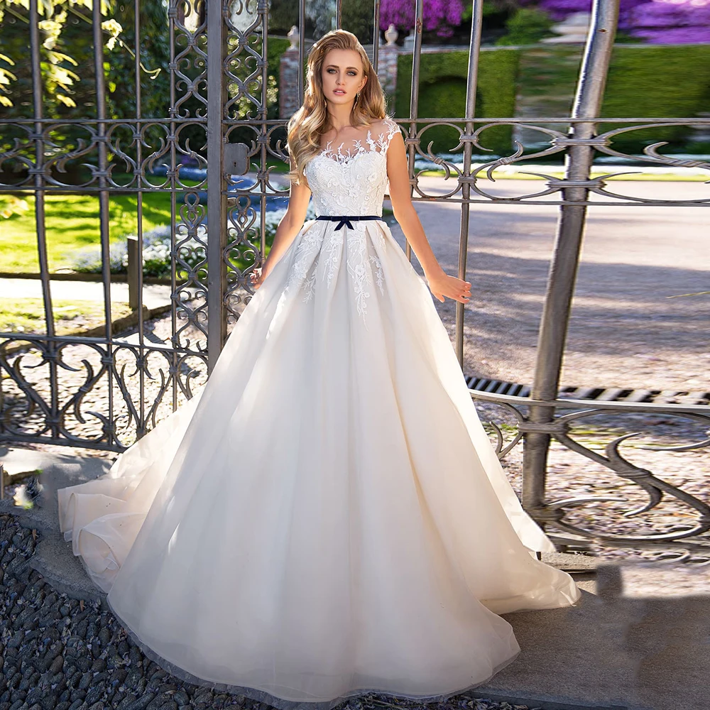 

Elegant Wedding Dress A Line Custom Cap Sleeve Scoop Neck Lace Applique White/Ivory Sweep Train Bridal Gown with Black Belt