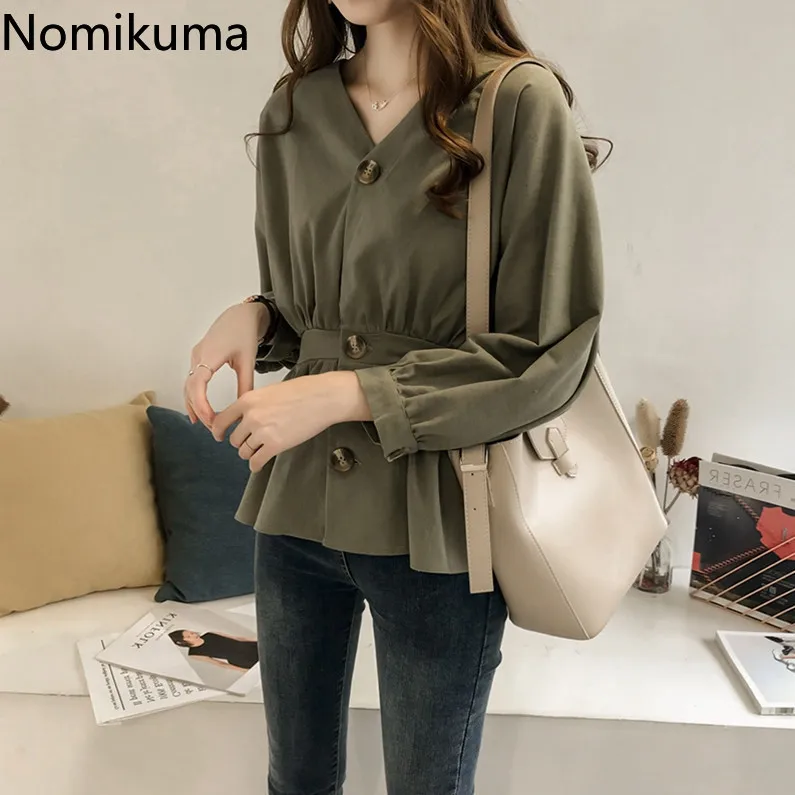 Nomikuma винтажная модная однотонная блузка с v-образным вырезом и длинными рукавами