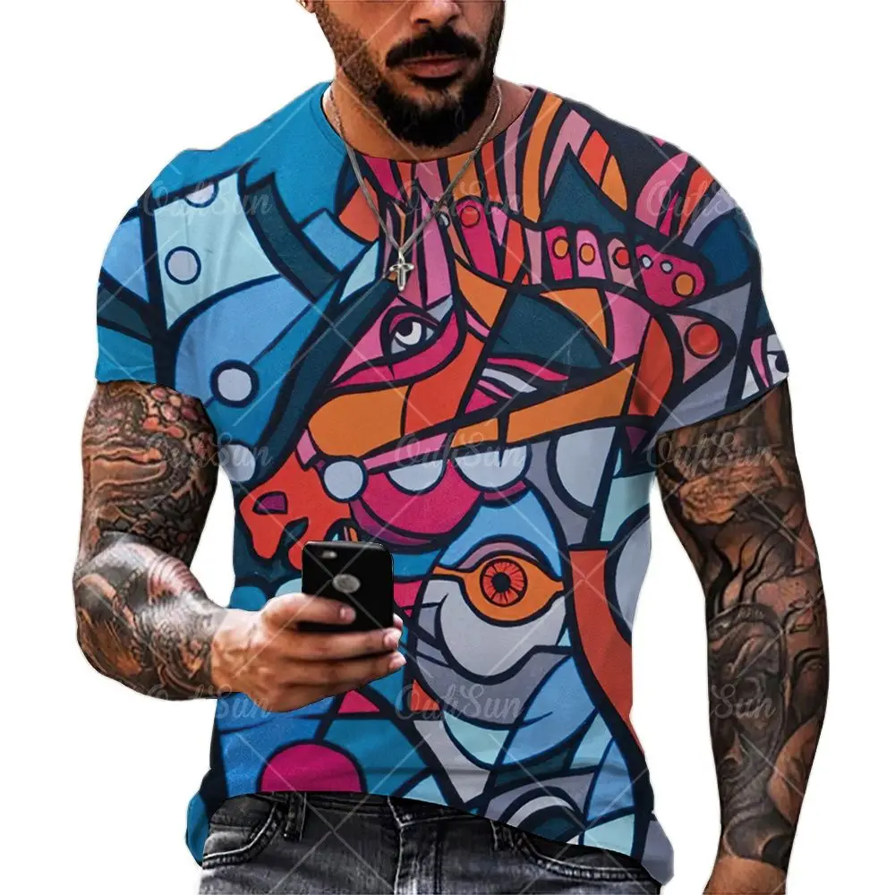 

2021 New Summer Men's Casual Illustrations Pattern T-Shirt Fashion Breathable Round Neck Short Sleeve Street Style New Hot Sale
