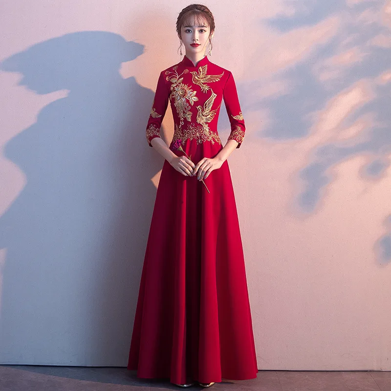 

Red bridal dress Chinese wedding cheongsam dresses skirt female modern Asian Women embroidered A-line Formal Gowns vestido