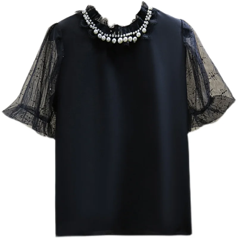 

Lace Beaded Short Sleeve Blouses 2021 Korean Style Loose Slimming Mesh Stitching Shirts Female Sequins Puff Sleeve Top
