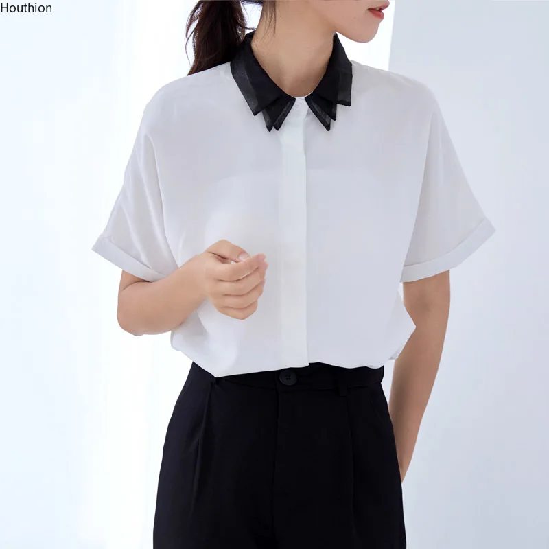 

Шифоновые облегающие Женские блузки Houthion, новая Повседневная Блузка, летняя Однотонная рубашка-поло, стандартные Модные женские рубашки с ...