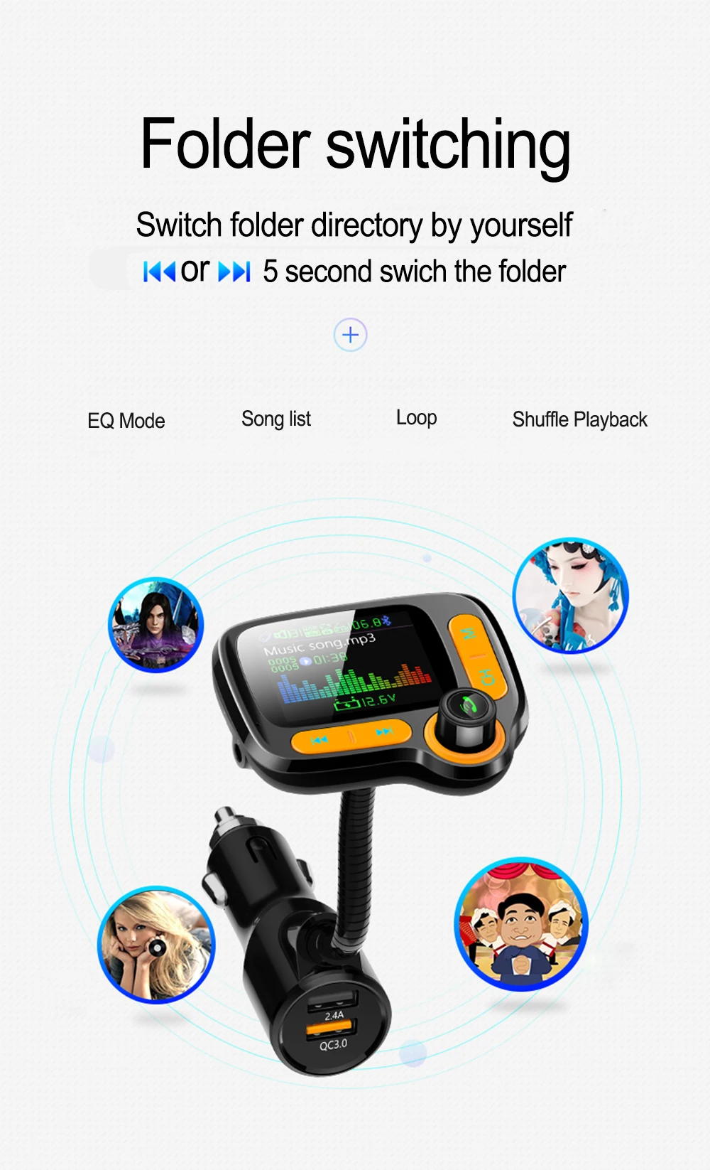 JINSERTA QC3.0, зарядное устройство, режим эквалайзера, автомобильный Bluetooth 5,0, fm-передатчик, громкая связь, 1,77 дюймов, TFT цветной экран, автомобильный комплект, поддержка AUX/TF/U диска
