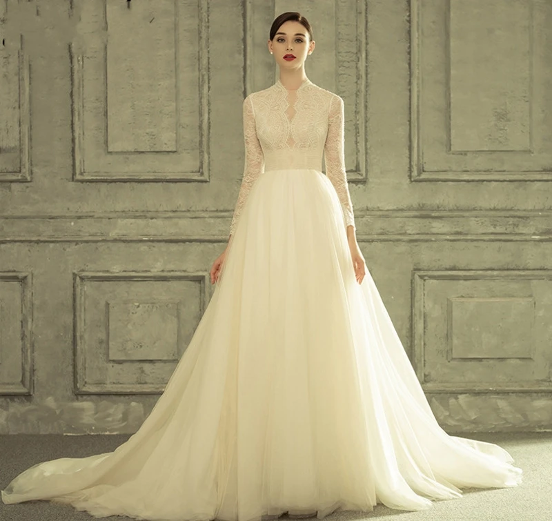 

Роскошное бальное платье с высоким воротником, свадебные платья принцессы с длинными рукавами, кружевное женское платье 2020