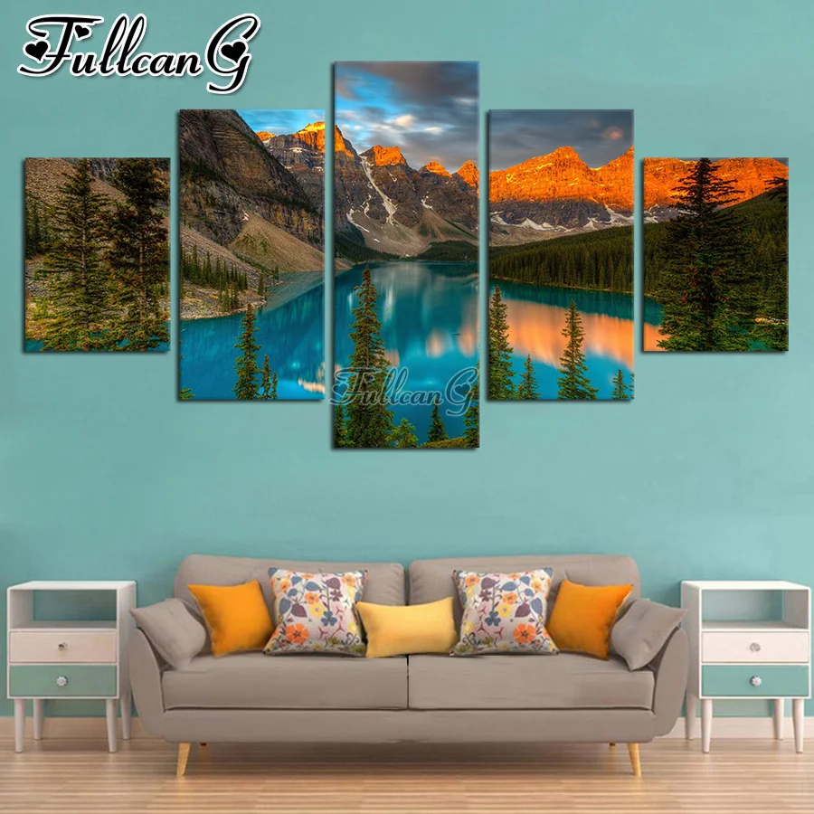 

FULLCANG Natural scenery mountain lake 5 piece diy diamond painting full square round drill mosaic embroidery sale FC3688