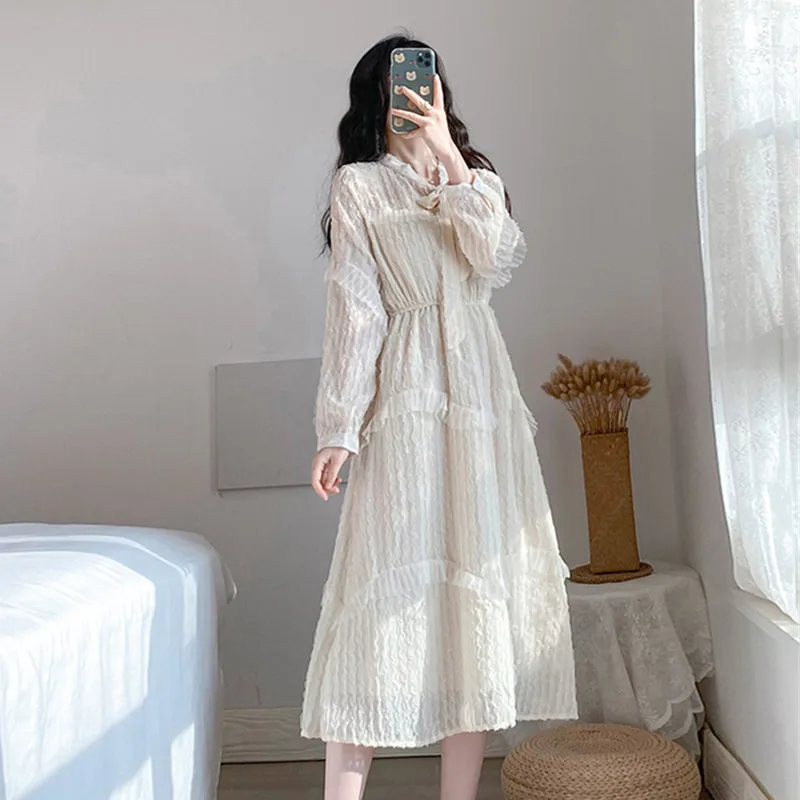 Женское длинное платье SMTHMA Повседневное с длинным рукавом и оборками весна