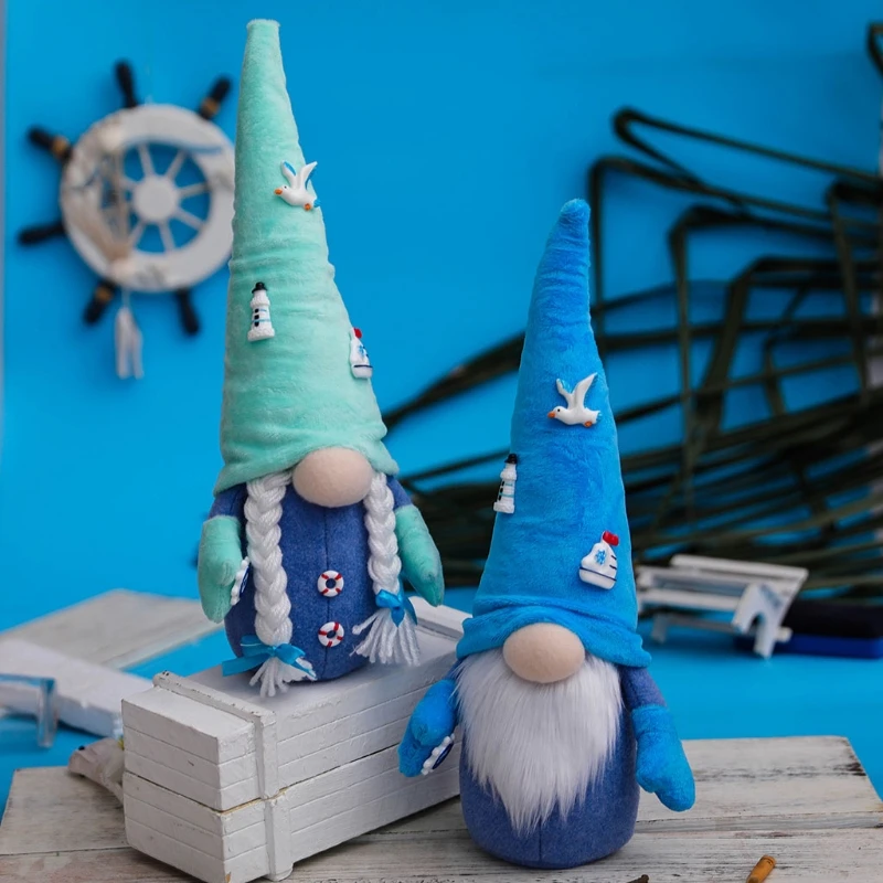 

2 Pcs Blue Summer Seagull Gnome Doll Ornaments Cute Cartoon Dwarf Elf Home Decor Sailing Series Shelf Decorations Party