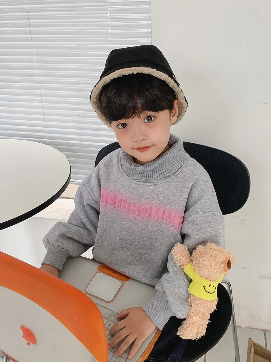 

Детская одежда, толстовка для мальчиков, теплая зимняя одежда на флисовой подкладке, модная рубашка с высоким воротником для детей среднего...