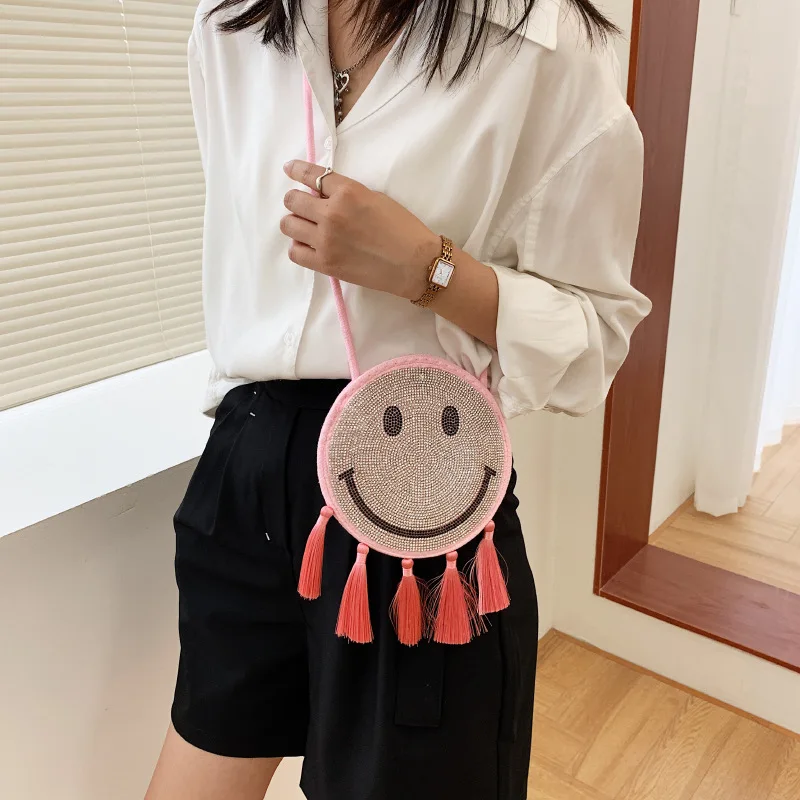 

Summer Smiley Circular Women's Small Bag 2021 Trend Fashion Shoulder Bag Woman Diamonds Casual Cute Cartoon Tassel Crossbody Bag