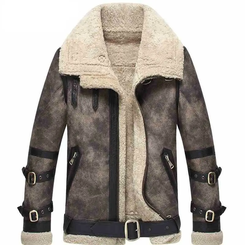 

Men's Shearling Coat Gray Color Flight Jacket B3 B2 Genuine Motorcycle Coat Leather Jacket For Men Lambskin Fur classic Coat