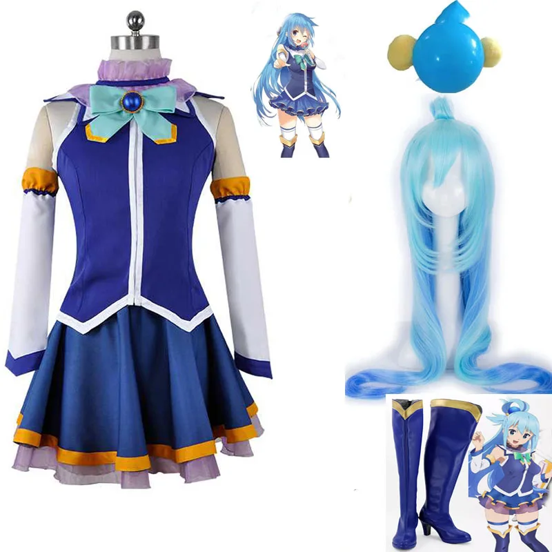 

Anime Costume Kono Subarashii Sekai ni Shukufuku Wo! Aqua Cosplay Wig Boots Shoes Woman Uniform Halloween Party Costumes Custom
