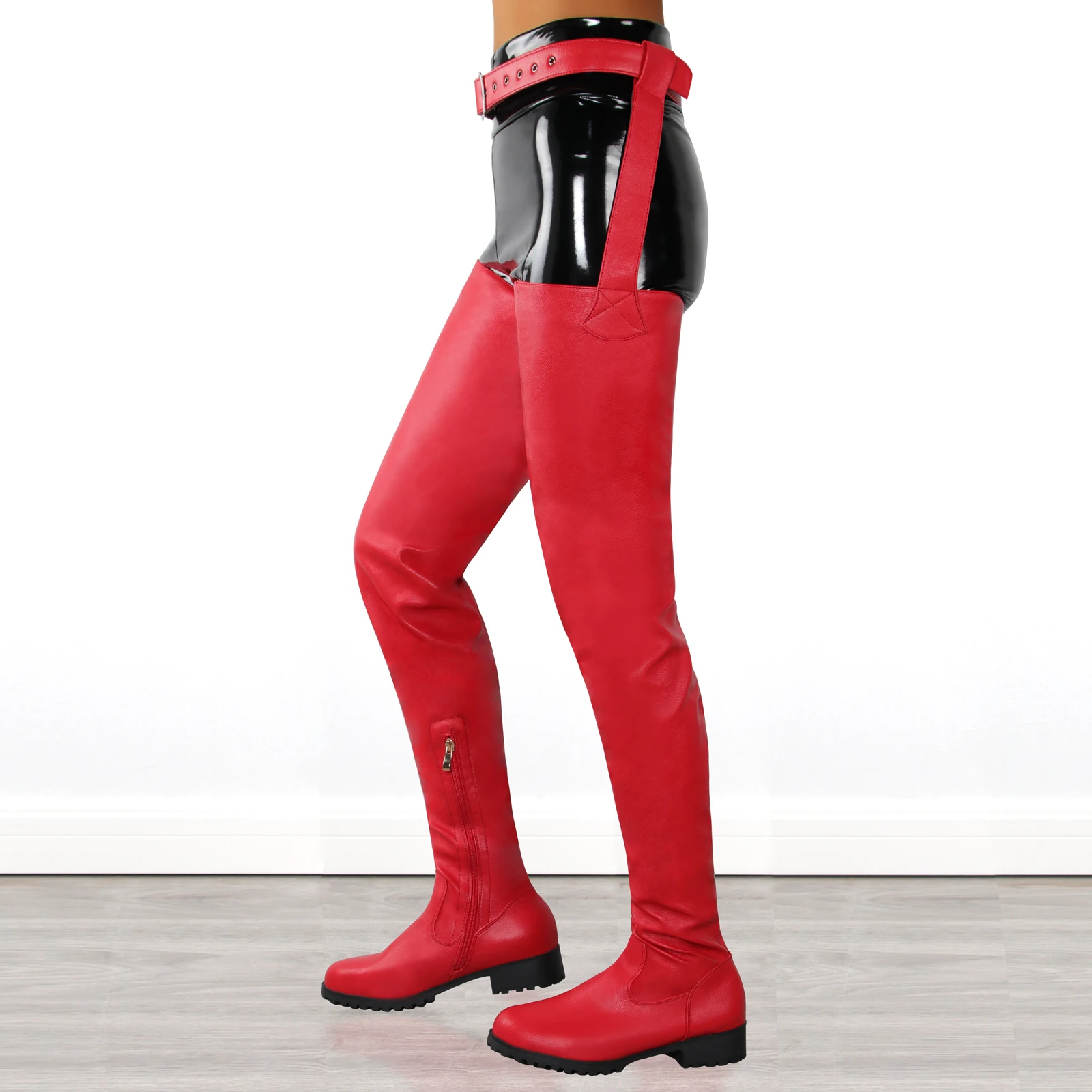 Lady Sexy Black Long Belt Botas Over The Knee Thigh High Boots Women Round Toe Flat Bottom Side Zipper Plus Size Winter Shoes