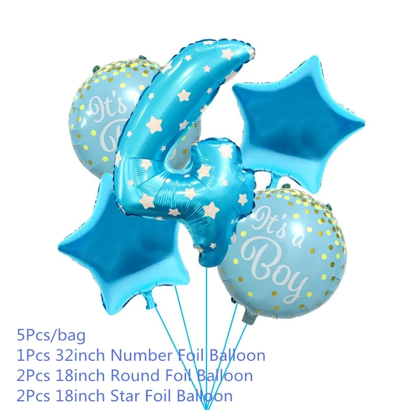 5Pcs Chicinlife 4th Happy Birhday Декор номер Синий Розовый 4 фольги шар корона шляпа дети мальчик девочка 4 года День рождения принадлежности - Цвет: 5Pcs